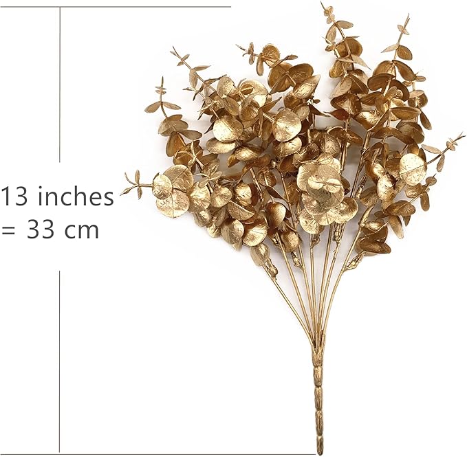 Artificial Gold Plants Decorations, Fake Plastic Golden Eucalyptus Shrubs Faux Simulation Foliage for Christmas Wedding Party Indoor Hotel Hall Home Table Centerpieces DIY Decor Planting Filler 2 Pack