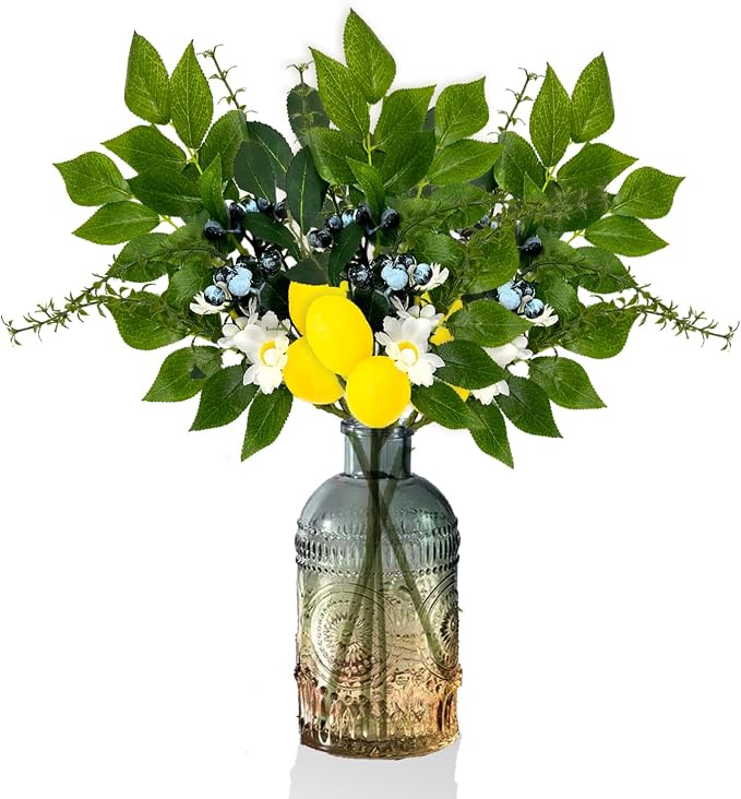 4PC Artificial Lemon Blueberry Branches with Vase for Home Decor Vivid Fake Lemon Twig Stem Bunch in Vase Summer Farmhouse Decor for Dining Table Centerpieces Office Coffee（Lemon）