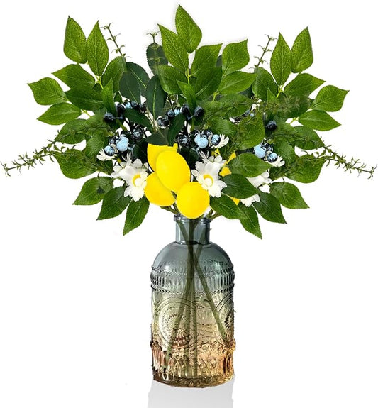 4PC Artificial Lemon Blueberry Branches with Vase for Home Decor Vivid Fake Lemon Twig Stem Bunch in Vase Summer Farmhouse Decor for Dining Table Centerpieces Office Coffee（Lemon）