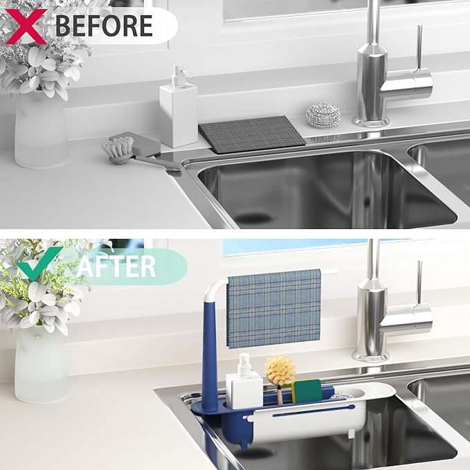 Telescopic Sink Storage Rack with 2 Sponge - Sink Caddy Sponge Holder for kitchen sink(Blue)