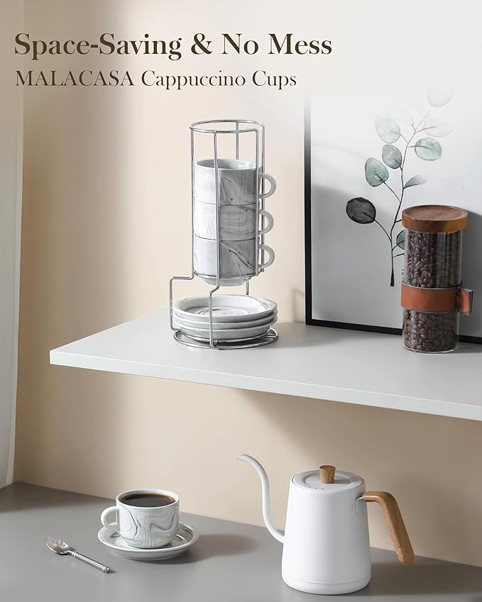 MALACASA 8 OZ Porcelain Espresso Cups with Saucers and Metal Stand Set of 4, Stackable Cappuccino Cups, Marble Gray Expresso Shots Cup Set for Coffee Drinks, Latte, Tea
