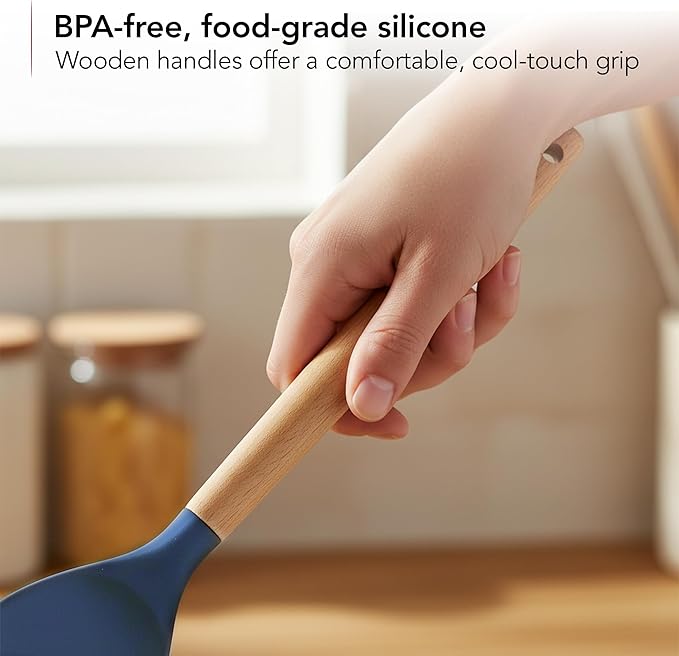 OVENTE Silicone Cooking Utensils Set, 17pcs Heat Resistant Kitchen Tools and Gadgets for Nonstick Cookware, BPA Free Spatula Set with Wooden Handle, Cup Holder, Oven Gloves and Hot Pads, Blue SPS17BL