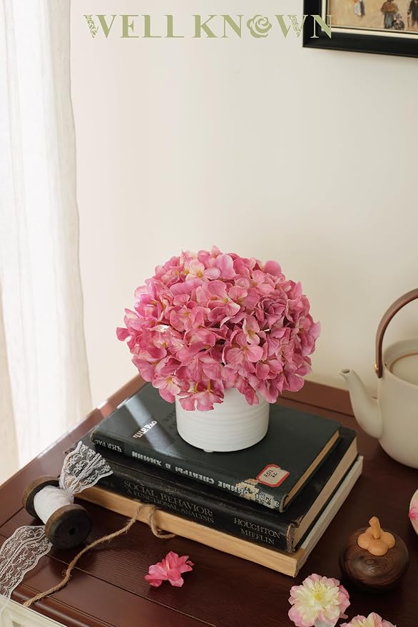 Pink Hydrangea Fake Flowers in Vase, Spring Artificial Flowers with White Ceramic Vase, Small Faux Potted Floral Arrangements for Home Bathroom Kitchen Vanity Shelf Coffee Table Centerpiece Decor Gift