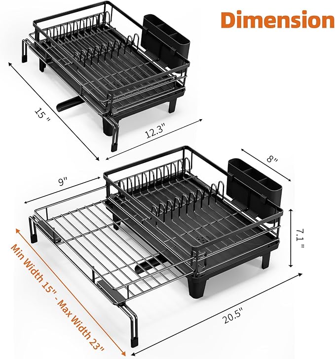 Urackify Dish Drying Rack - Extendable Dish Drainer, Large Dish Racks for Kitchen Counter, Rustproof Dish Strainer with Utensil Holder, 12.3"-20.5" L x 15" W, Pure Black