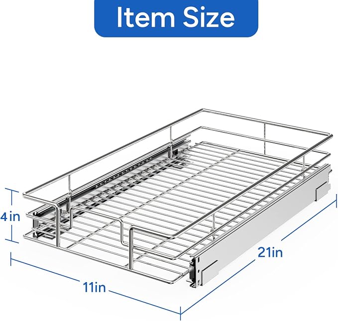 ROOMTEC Pull Out Cabinet Organizer, Cabinet Pull Out Shelves 11" W x 21" D, Heavy Duty Cabinet Drawers Slide Out Kitchen Cabinet Organizers Storage Shelf