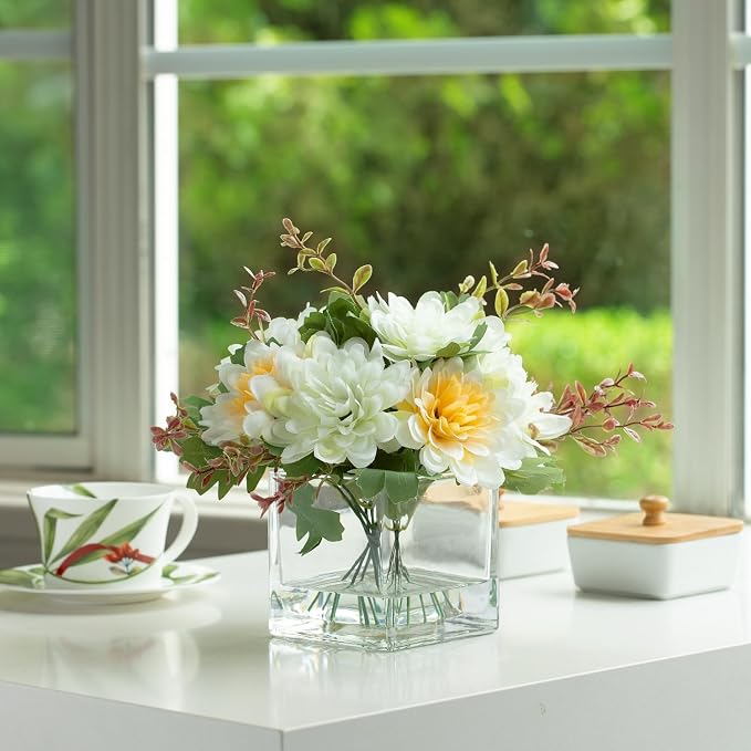 ENOVA FLORAL Mixed Artificial Daisy Floral Arrangements with Vase, Table Centerpieces for Dining Room, Silk Daisy in Glass Vase with Faux Water for Home Decor (Yellow White)