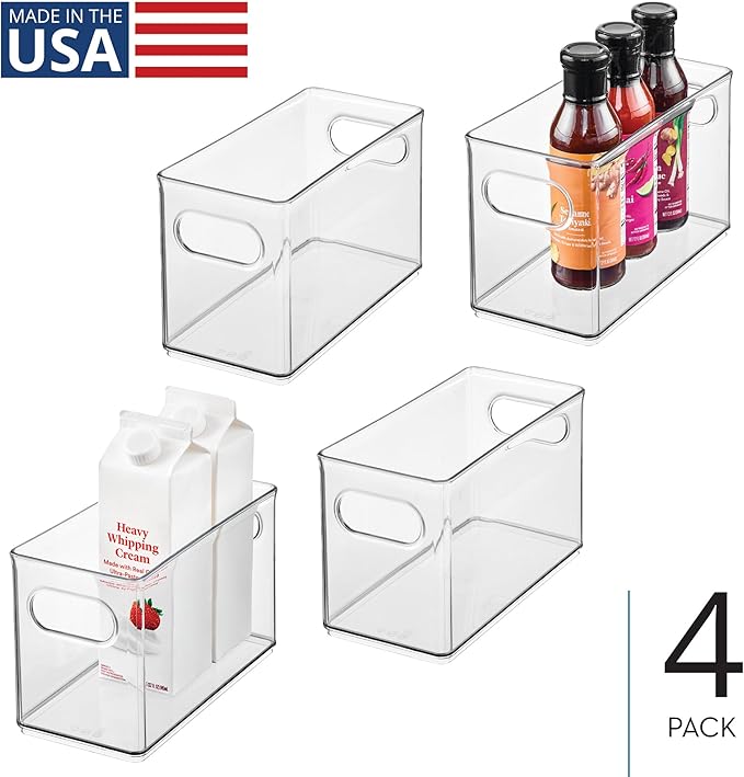 iDesign Slim Clear Plastic Stackable Storage Bin - Narrow Fridge, Pantry, or Kitchen Cabinet Organizer, 4-Pack