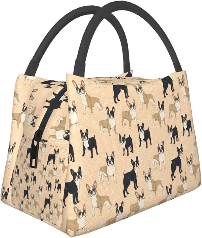 Boston Terrier Insulated Lunch Box for Kids Adults Dog Lovers,Reusable Tote Bag with Cute Black and Tan Puppy,Portable Lunchbox Handbag,Makeup Bags Organizer Gifts for Work Office,11x6.3x6.7in