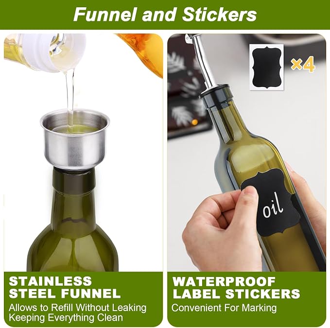Olive Oil Dispenser Bottle, 2 Pcs Green Glass Oil Bottle for Kitchen, Oil and Vinegar Dispenser Set with Pourers and Funnel -17oz Green Olive Oil Bottle Dispenser