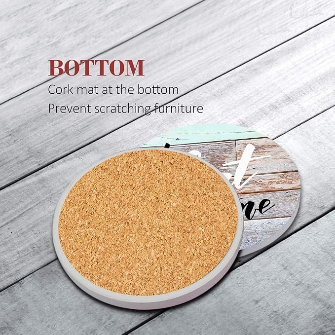 Britimes Coaster for Drinks Set of 6, Just Smile Colorful Inspiration Day Absorbent Round Ceramic Stone Mat, with Cork Base and Metal Holder, Gift for Housewarming Room Bar Decor