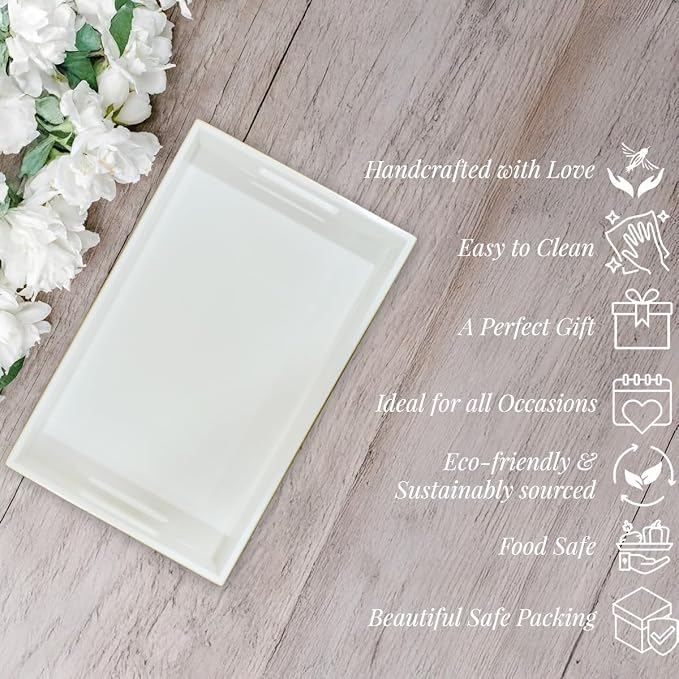 Handcrafted Wooden Serving Tray | Tray with Handle for Snacks, Tea, Kitchen, Coffee Table, Dining | High Gloss Finish with Gold Trim |12.25 x 7.75 x 1.5 inches (Egg Shell)