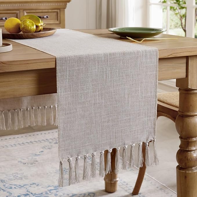 Linen Style Rustic Table Runner, Farmhouse Cotton Linen Table Runner, Boho Table Runners 72 Inches Long with Hand Tassels for Home Tabletop Decor and Everyday Use - Light Coffee, 72 Inch