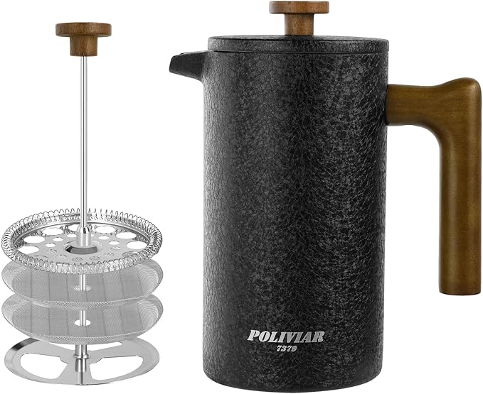 POLIVIAR French Press Coffee Maker, 34 oz | Real Wood Handle Coffee Press, Double Wall Insulation, Dual-Filter Screen, Food Grade Stainless Steel, For Coffee and Tea