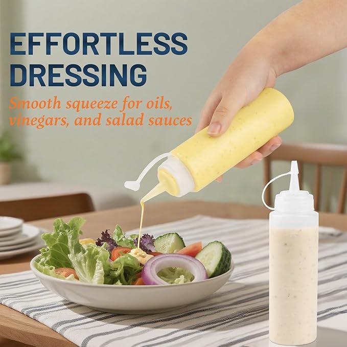 8 oz Squeeze Bottles, Plastic Condiment Squeeze Bottles for Sauces, Ketchup, Squirt Bottle for Dressing, Sauce Bottle for Syrup, Oil, Dressing, Mustard, Pancake Batter - 6 Pack