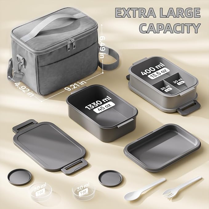 Bento Box adults Lunch Box - 2130ml Lunch Box Containers with Insulated Lunch Bag, Utensils & Sauce Container, Leak Proof Bento Box for Men Women, Reusable Plastic Lunchbox for Work, Meal Prep, Grey
