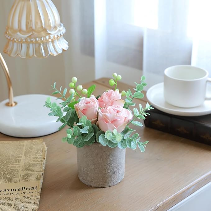 Small Artificial Burnt Pink Rose Potted Plant, 6" Fake Silk Flowers in 3" Cylindrical Pot, Mini Faux Floral Arrangement for Desk Shelf Bathroom Decor