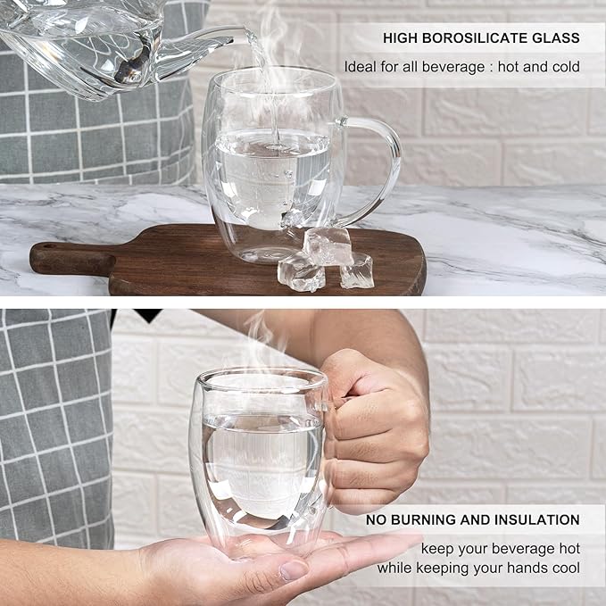 FrutPunch Double walled glass coffee mugs, Glass Coffee Mugs Set Of 4, Glass Coffee Cups with Handles, 12OZ, Suitable for Cappuccino, Latte, Espresso, Hot Drinks, Cold Drinks (4, 12, Fluid Ounces)