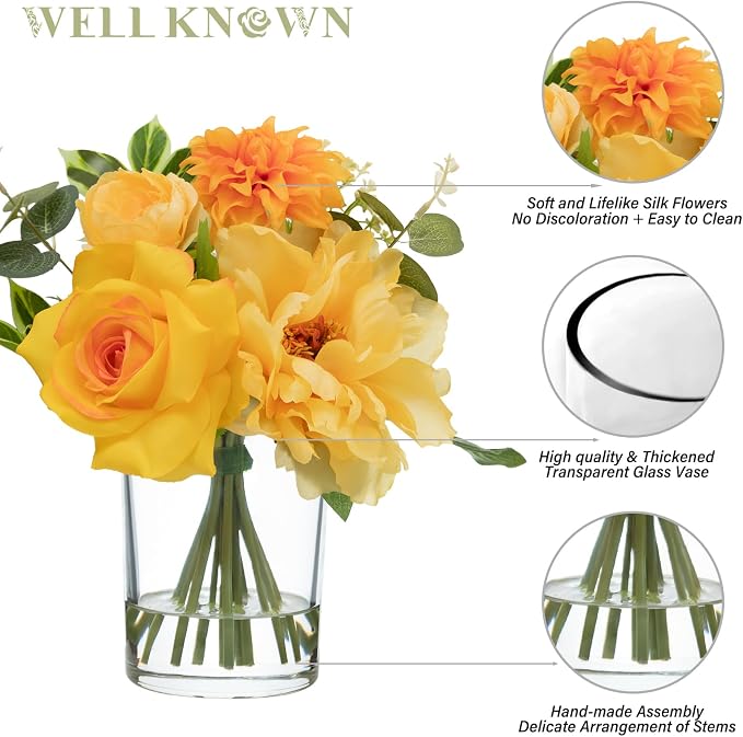 WELL KNOWN Artificial Flowers in Glass Vase with Fake Water, Silk Peony Rose Flower Bouquet for Home Dining Table, Office, Hotel, Wedding, Birthday Party, Lavatory Decor & Mom's Gift (Yellow & Orange)