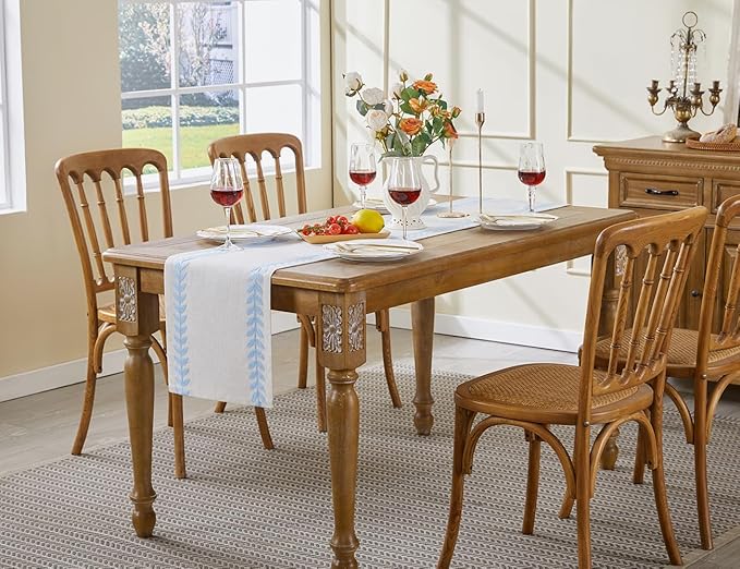Wracra Embroidered Table Runner Irregular Willow Leaf Table Runners 90 Inches Long for Dresser Home Dining Table Decor,14 x 90 Inch, Blue