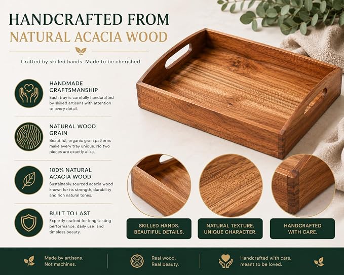 Acacia Wood Serving Tray - 12 Inch Wooden Tray with Natural Food-Safe PU Coating, Brown