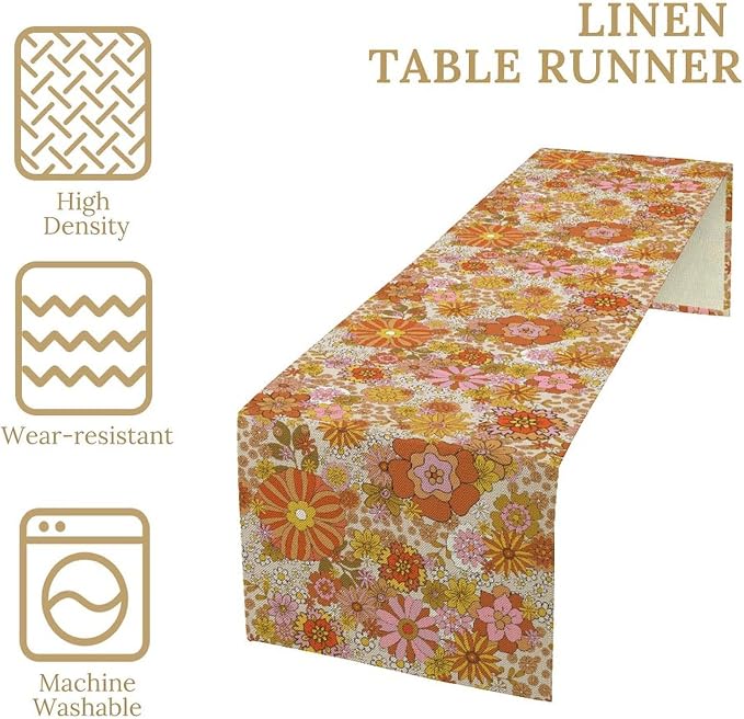 Retro 70s Floral Table Runner,Vintage Hippie Summer Groovy Daisy Flower Dinner Runner for Home Kitchen Dining Table Party Holiday Decor 13"x108"