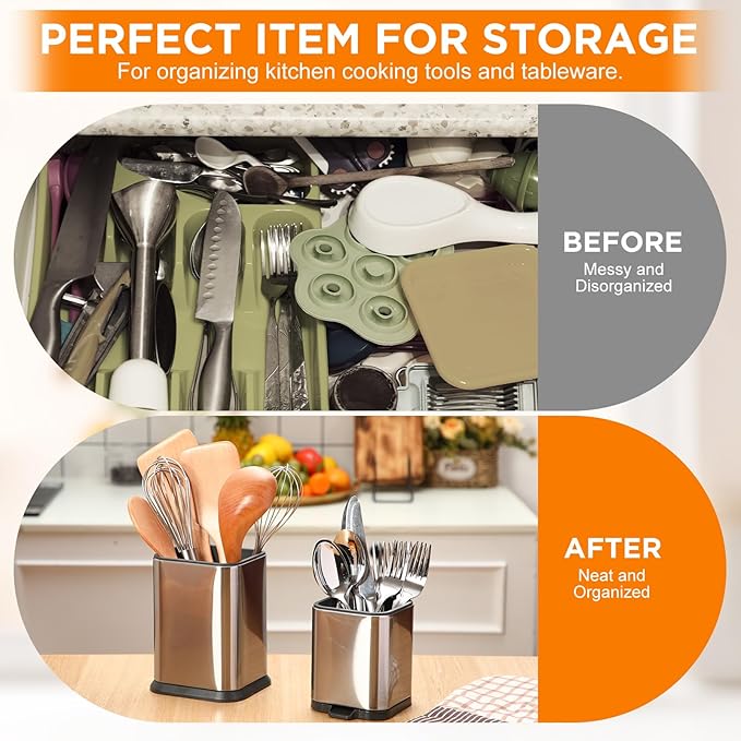 MorningRo 2 Pcs Kitchen Utensil Holder for Countertop Stainless Steel Utensil Caddy, Spoon Spatula Organizers with Drainage Holes Small Flatware Utensil Crock for Kitchen Counter, Silver(Square)