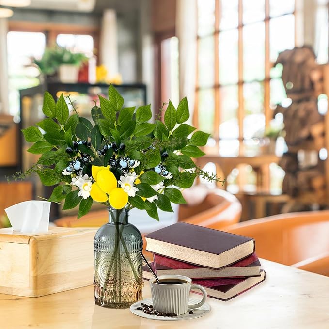 4PC Artificial Lemon Blueberry Branches with Vase for Home Decor Vivid Fake Lemon Twig Stem Bunch in Vase Summer Farmhouse Decor for Dining Table Centerpieces Office Coffee（Lemon）