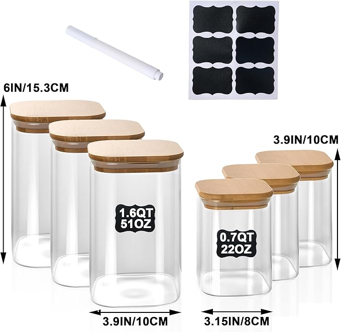 12-Pack Glass Storage Jars with Bamboo Lids, 6×1.6QT Large & 6×0.7QT Small Airtight Glass Canisters Set, Square Glass Food Containers for Coffee Beans, Oats, Nuts, Candy, Pantry Organization