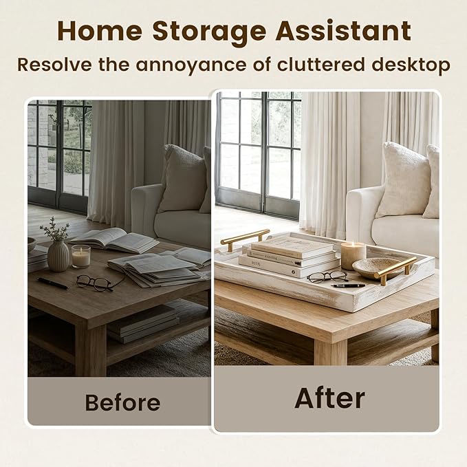 Wood Serving Tray with Metal Handles, 17x13in Large Wooden Tray for Ottoman, Coffee Table, Breakfast, Dinner & Bar, Decorative Tray for Living Room, Bedroom, Bathroom and Kitchen, Off-White