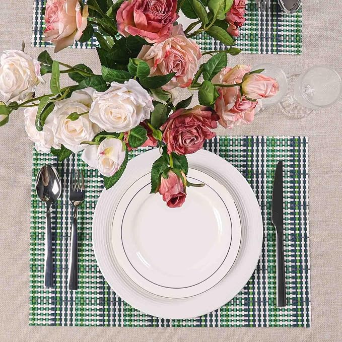 AHHFSMEI Placemats Set of 8 Washable Woven Vinyl Placemats for Dining Table Heat Resistant Non-Slip Stain Resistant Table Mats for Kitchen & Home Decor(Green Blue Stripe,8)