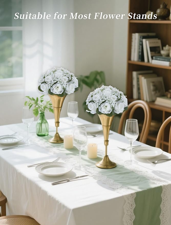 BLOSMON White Flowers for Centerpieces Wedding: 10 Pcs Artificial Rose Babys Breath Flower Balls for Table Decoration - Fake Silk Kissing Floral Arrangement for Home Party Event Decor