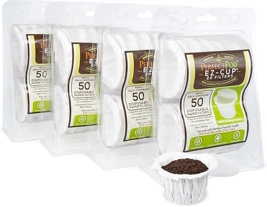 Perfect Pod EZ-Cup Disposable Paper Filters with Patented Lid Design for Reusable Coffee Pods - 4 Pack (200 Filters)