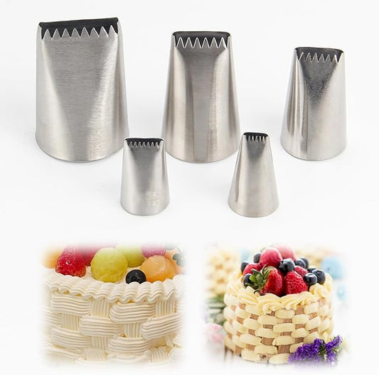 5PCS Basketweave Piping Tip Set, Stainless Steel 3D Half Row Icing Nozzles Braided Flower Cake Decorating Tools for Pastry and Fondant,Suitable for cakes, cupcakes