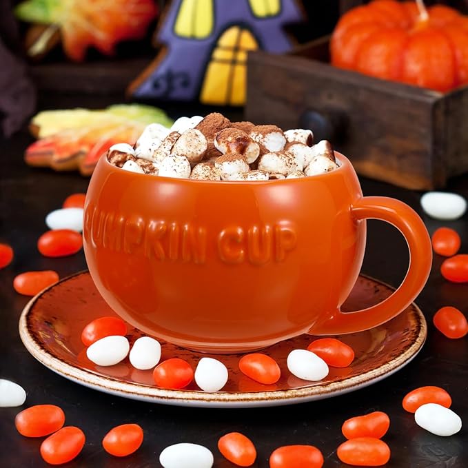 DOITOOL Halloween Pumpkin Mugs Set of 2 Ceramic Coffee Cups with Handle 5.31 Inch Pumpkin Shape Mugs for Coffee Milk and Hot Drinks