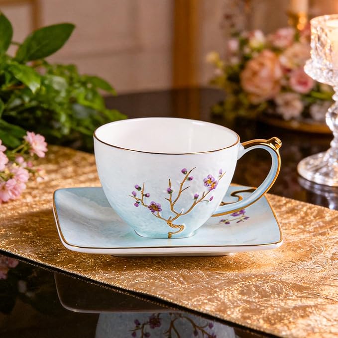 KAMMAK Tea Cups and Saucers Set of 2, Fine Bone China Coffee Cups, Stackable Espresso Mugs, Ceramic Demitasse for Coffee, Cappuccino, Latte, Americano, Tea, Golden Plum (White + Blue)