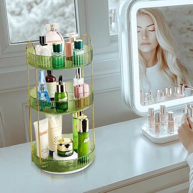 360 Rotating Makeup Organizer - Large Capacity Spinning Perfume & Cosmetic Skincare Holder for Vanity & Countertop (Gem Green, 3 Tier)
