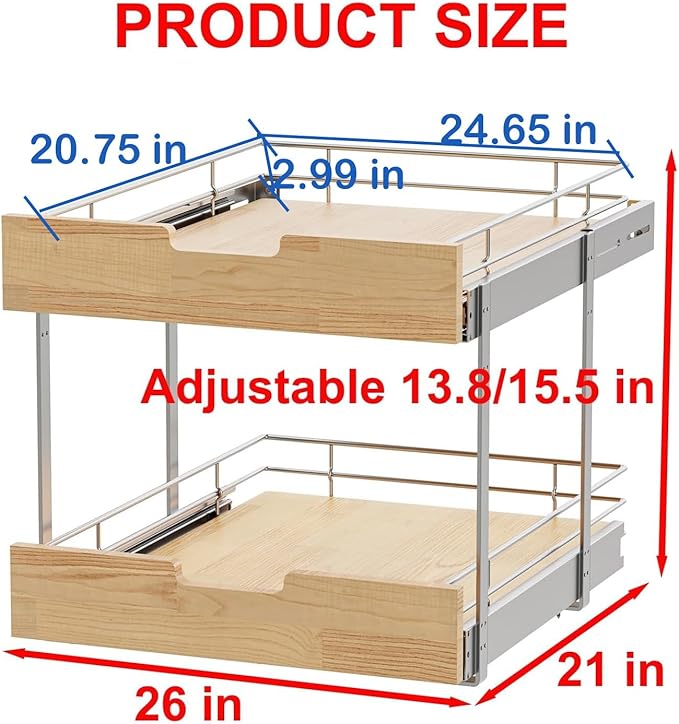 Sikarou Pull Out Cabinet Organizer,Heavy-Duty Slide Out Shelf, Wood and Wire Basket, Pull Out Drawer for for Kitchen Under Sink Space, Pantry, Bathroom, 2 Tie 26 * 21 in