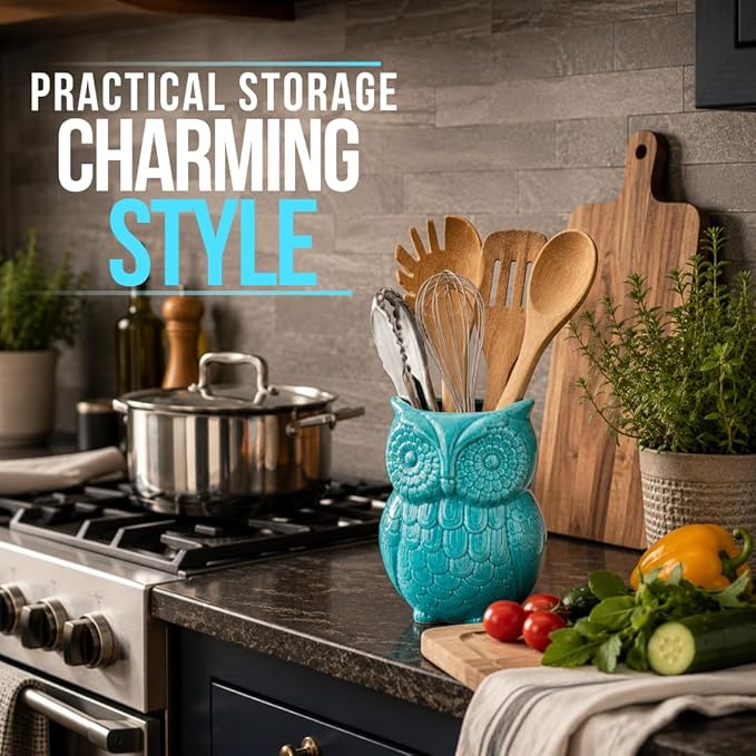 Comfify Owl Utensil Holder Decorative Ceramic Cookware Crock & Organizer, in Lovely Aqua Blue Color - Utensil Shaped Caddy and Perfect Kitchen Ceramic Decor Gift for Countertop - 5” x 7” x 4” Size
