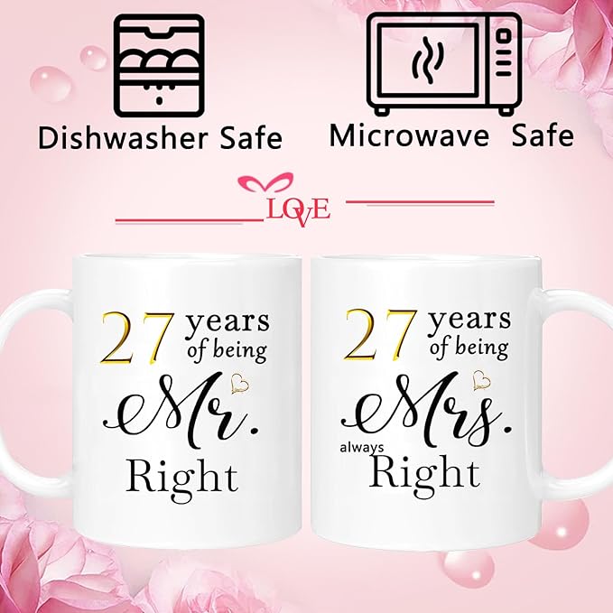 27th Anniversary Coffee Mugs Set of 2, 27 Year Anniversary Wedding Gifts Decorations for Couple Parents Men Women Husband Wife Him Her, Gift Box Packaging, 11oz