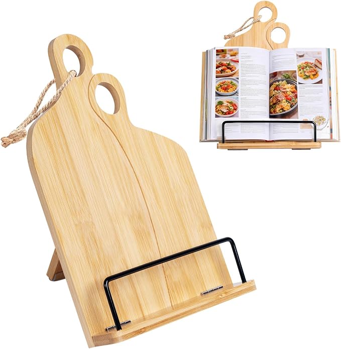 Adjustable Wooden Cookbook Stand for Kitchen Counter - Foldable & Space Saving Recipe Book Holder, Multi-Angle Reading Rack for Cookbooks, Phones, Tablets