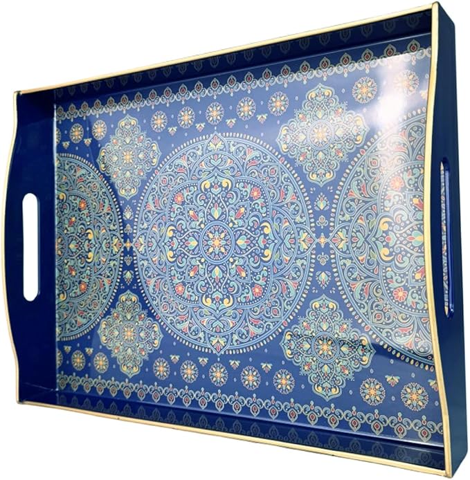 Boho Blue Decorative Tray, Serving Tray with Handles, Plastic Tray for Coffee Table, Ottoman - Ideal for Living Room & Bathroom. 15” x 11” x 2.5”