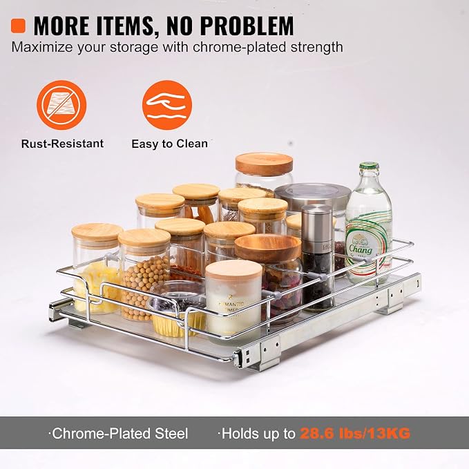VEVOR 12.5"Wx16.5"Dx3.5"H Pull Out Cabinet Organizer, Heavy Duty Slide Out Pantry Shelves, Chrome-Plated Steel Roll Out Drawers Storage, for Home, Under Sink, 14"Wx17.5"Dx7"H Install Size for Cabinet