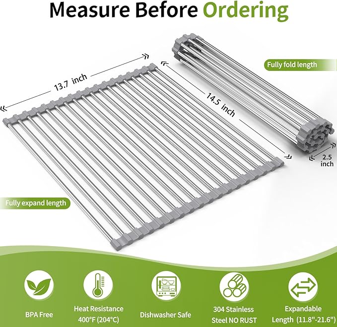 Foldable Over Sink Dish Drying Rack - Stainless Steel Sink Drain Rack with Silicone Edges, Roll-Up Storage for Kitchen, RV, Dorm Sinks (14.5×13.7in)