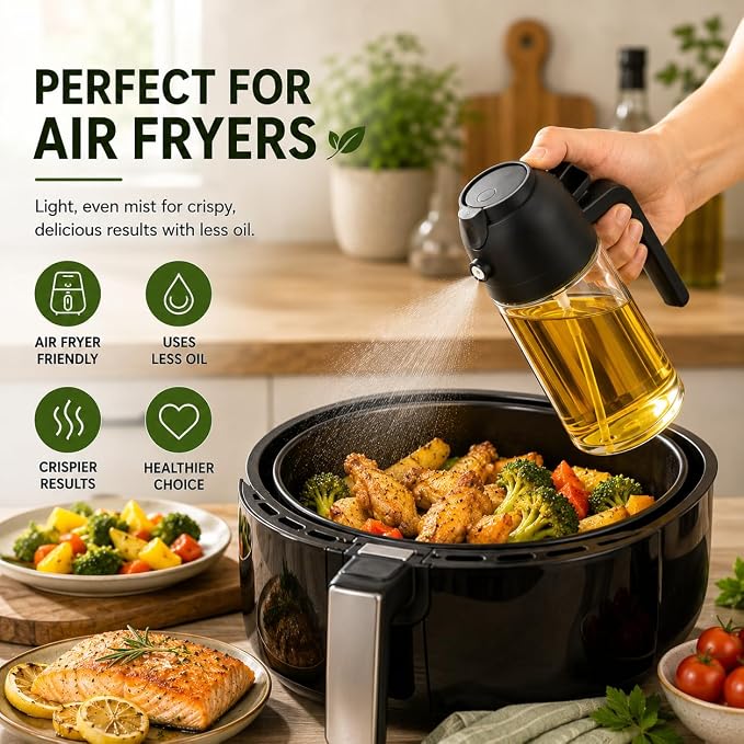 Oil Sprayer for Cooking, 2 Pack Olive Oil Sprayer Bottle, 16oz Glass Oil Dispenser for Kitchen, Fine Mist Spray & Pour, BPA-Free, Refillable, Leakproof, Air Fryer, Salad, BBQ & Cooking