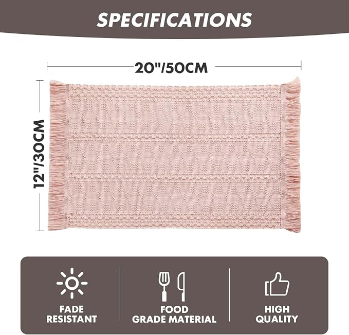 ZeeMart Macrame Style Boho Placemats Set of 4, Light Pink 12x20 Inch | Decorative Farmhouse Table Mats, Natural Cotton Woven Place Mats, Bohemian Home Decor for Kitchen Dining Table