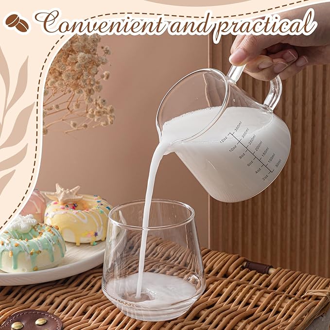 Honeydak 2 Pack 12oz Coffee Measuring Glass Cups Espresso Pitcher Heat Resistant Glass Coffee Measuring Cup Milk Frothing Pitcher Espresso Shot Glasses, Creamer Container, Microwave Dishwasher Safe