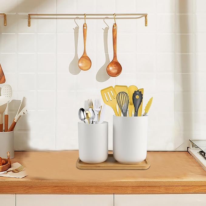 Utensil Holder,6.2"+5.2" Ceramic Utensil Caddy for Kitchen Counter with Bamboo Tray,Countertop Cooking Silverware Organizer for Spatula,Spoon,Knives Forks Caddy Holder,Kitchen Decor,Set of 2