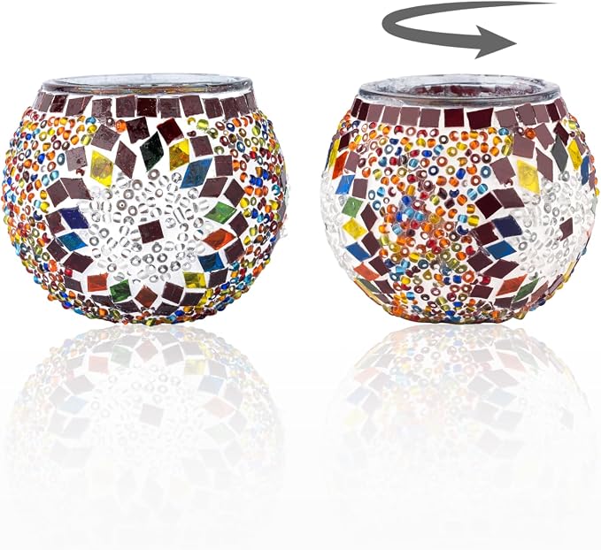 KAFTHAN Mosaic Glass Large Single Candle Holder - Round Bowl, Plant Pot, Votive Candle Holder - Decorative Vase & Unique Centerpiece for Wedding, Ball & Home - (3.7" x 3.5", Multicolor Star Circle)