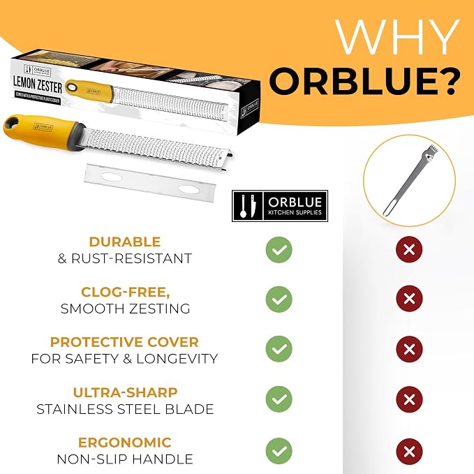 Orblue Lemon Zester & Cheese Grater - Premium Citrus Zester, Kitchen Grater for Parmesan, Chocolate, Fruits, Vegetables, Ginger, Garlic, Nutmeg - Stainless Steel Blades with Protective Cover, Yellow