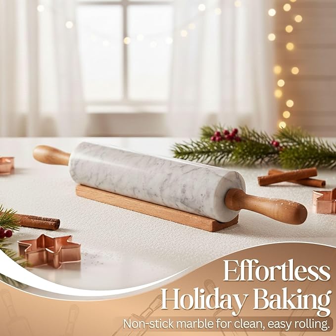 Flexzion Marble Rolling Pin Heavy Nonstick Stone Dough Roller - 10 Inch Polished Barrel with Wooden Handles & Cradle Stand for Baking Pastry Bread Pizza Cookies Pie Crust Pasta Tortillas (White)